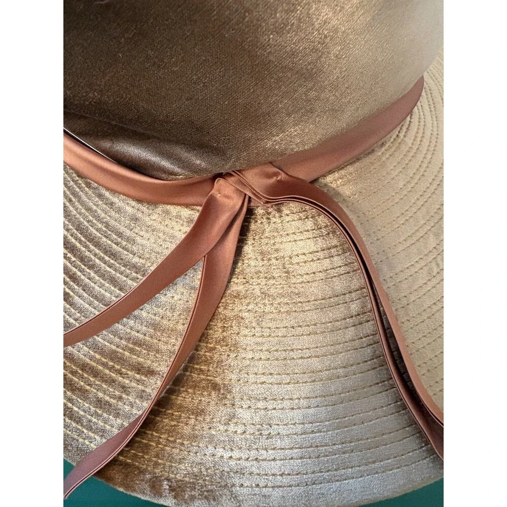 Vtg Mr Kim Original Sun Hat Wide Brim Satin Ribbon Bow Gold Bronze 1950s 60s